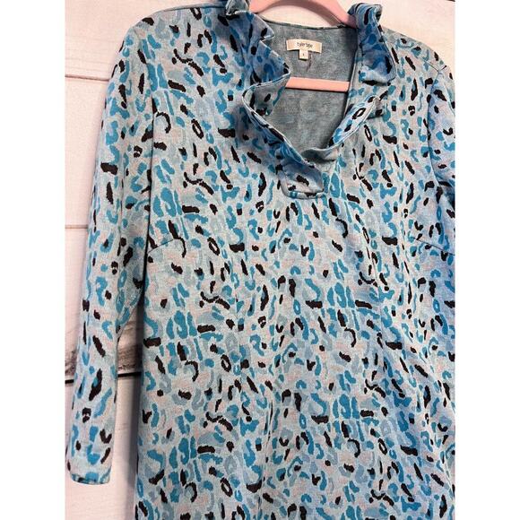 Tyler Boe Blue Animal Print Ruffle Collar Size LG Preppy Chic Dress - Picture 6 of 6